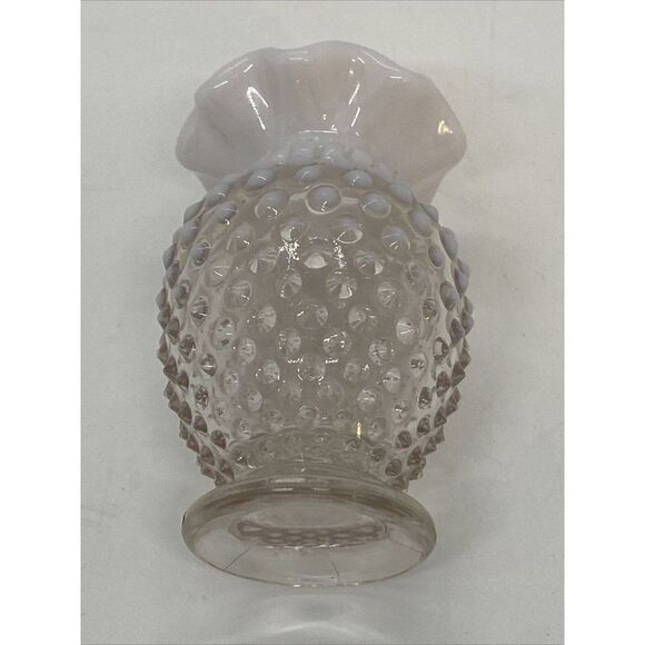 Fenton Clear/White Opalescent Hobnail Ruffle Edge 4” Vase Small bud vintage - Picture 4 of 6